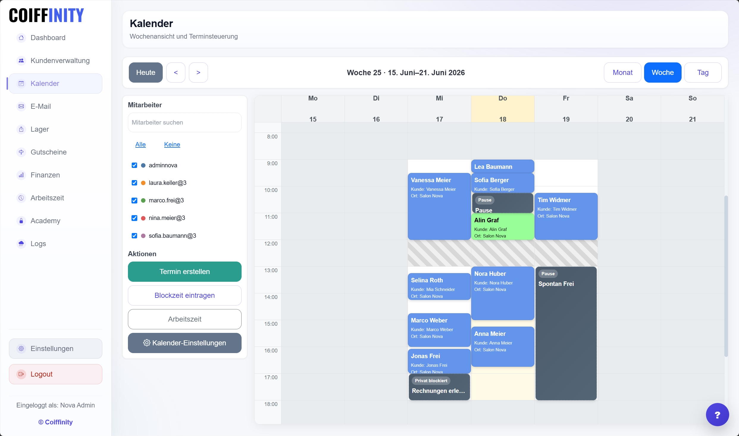 Coiffinity Kalender mit Onlinebuchungen, Mitarbeitenden und Blockzeiten